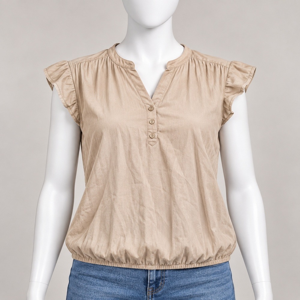 The Limited Blouse Womens Medium Tan Satin Short Sleeve Elastic Hem Split Neck